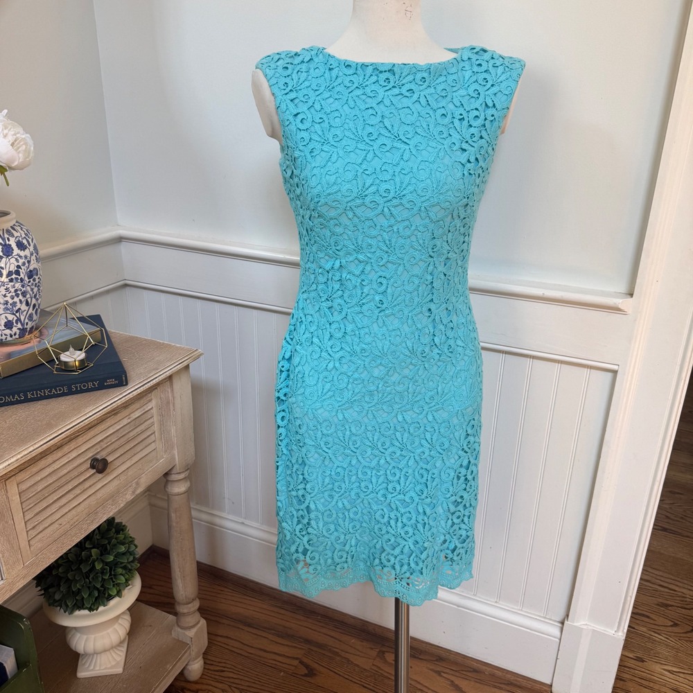 Lauren Ralph Lauren Turquoise Blue Floral Crochet Lace Sheath Dress Size 4